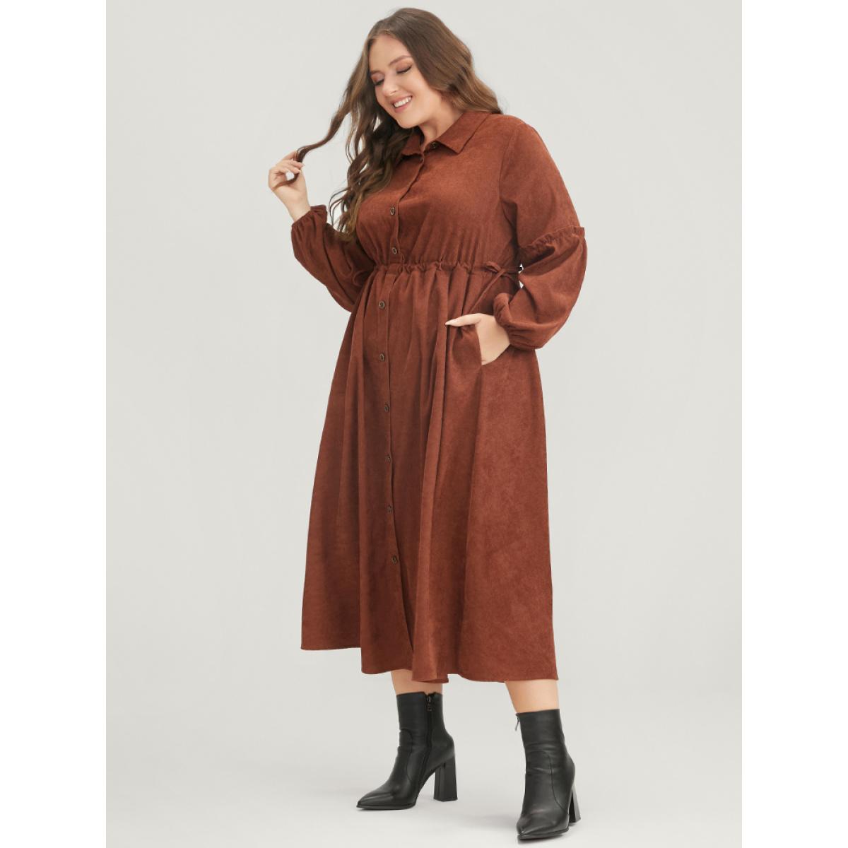 Plus Size Solid Drawstring Pocket Button Detail Shirt Collar Corduroy Dress Brown Women Office Drawstring Shirt collar Long Sleeve Curvy Midi Dress BloomChic 22-24/3X Product Image