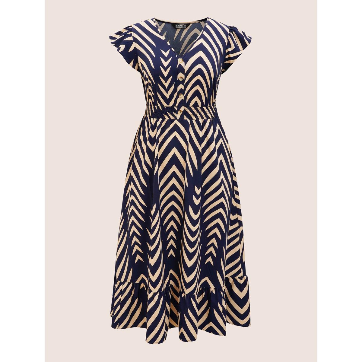 Plus Size Striped Shirred Button Detail Ruffle Cap Sleeve Dress Navy Women At the Office Button V-neck Cap Sleeve Curvy BloomChic 14-16/1X Product Image