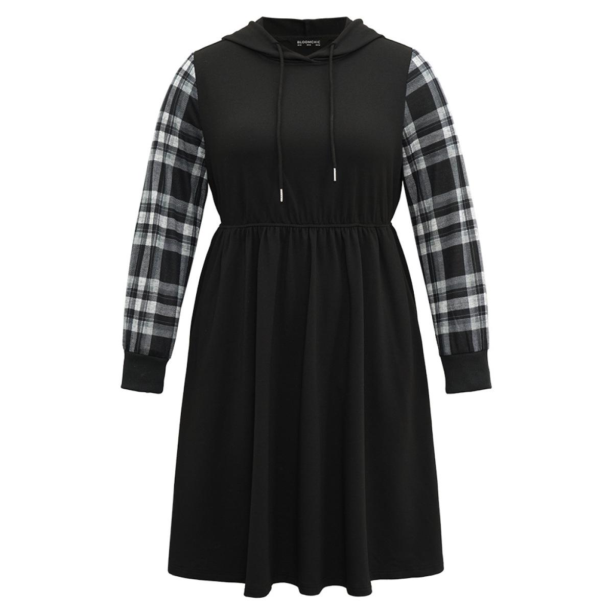 Plus Size Plaid Patchwork Drawstring Pocket Hooded Dress Black Women Casual Printed Hooded Long Sleeve Curvy Midi Dress BloomChic 12/L Product Image