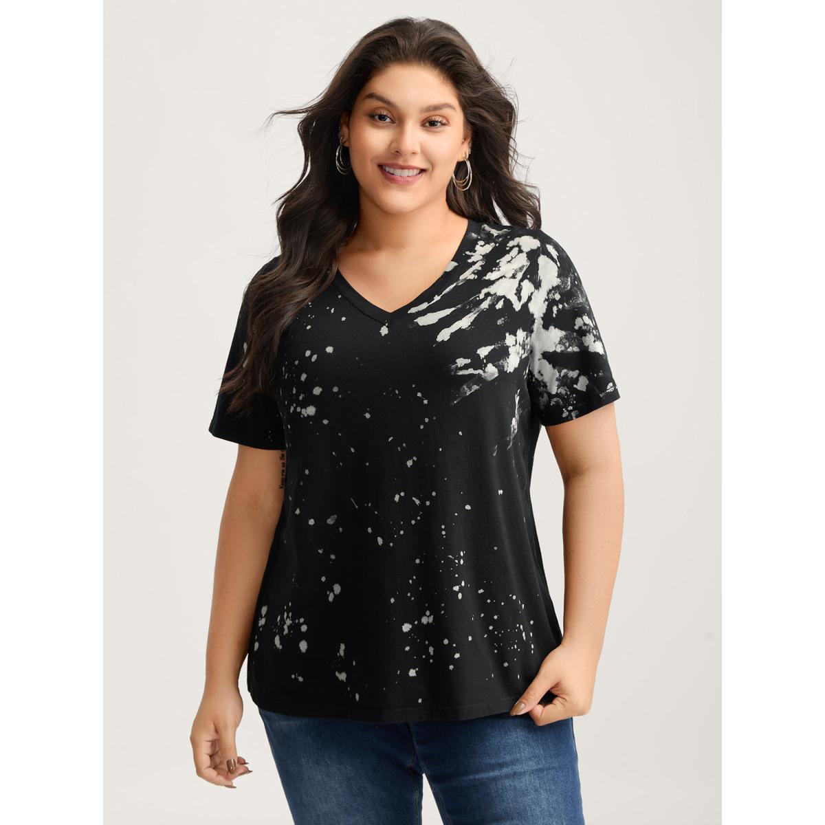 Plus Size Cotton Tie-Dye Stretchy V-Neck T-Shirt Black Women Leisure Non V-neck Casual T-shirts BloomChic 10/M Product Image
