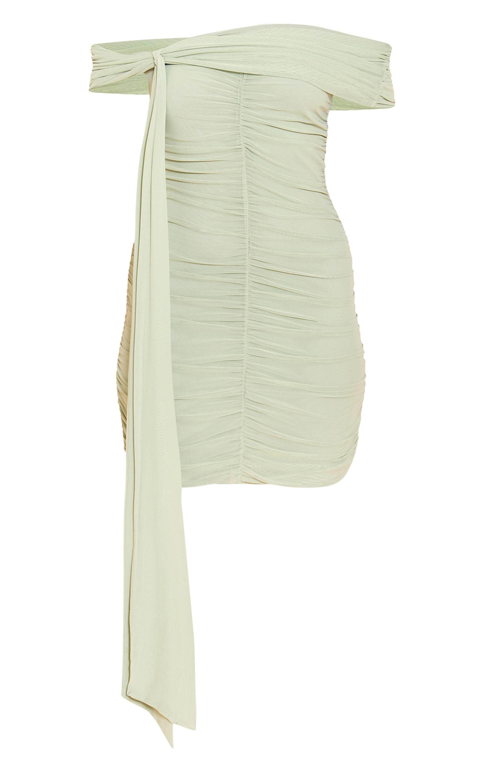 Pale Lime Mesh Lined Bardot Mini Dress Product Image