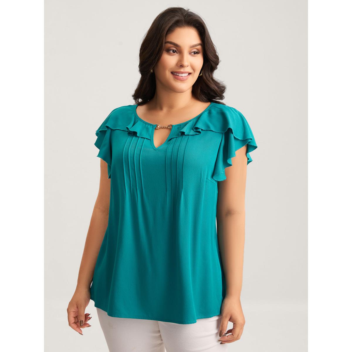 Plus Size Teal Ruffled Neck Metal Cut-Out Blouse Women Cap Sleeve Notched collar Everyday-Elegant Blouses BloomChic 10/M Product Image