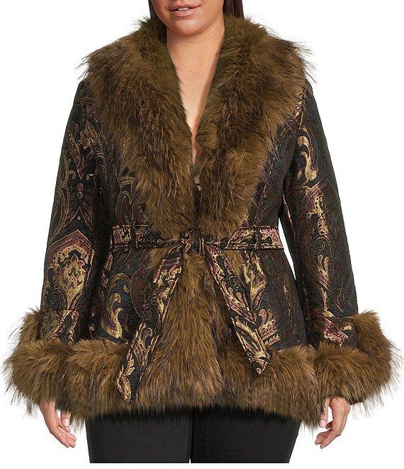 Azalea Wang Kenzy Jacquard Peplum Faux Fur Oversize Shawl Collar Belted Jacket Product Image