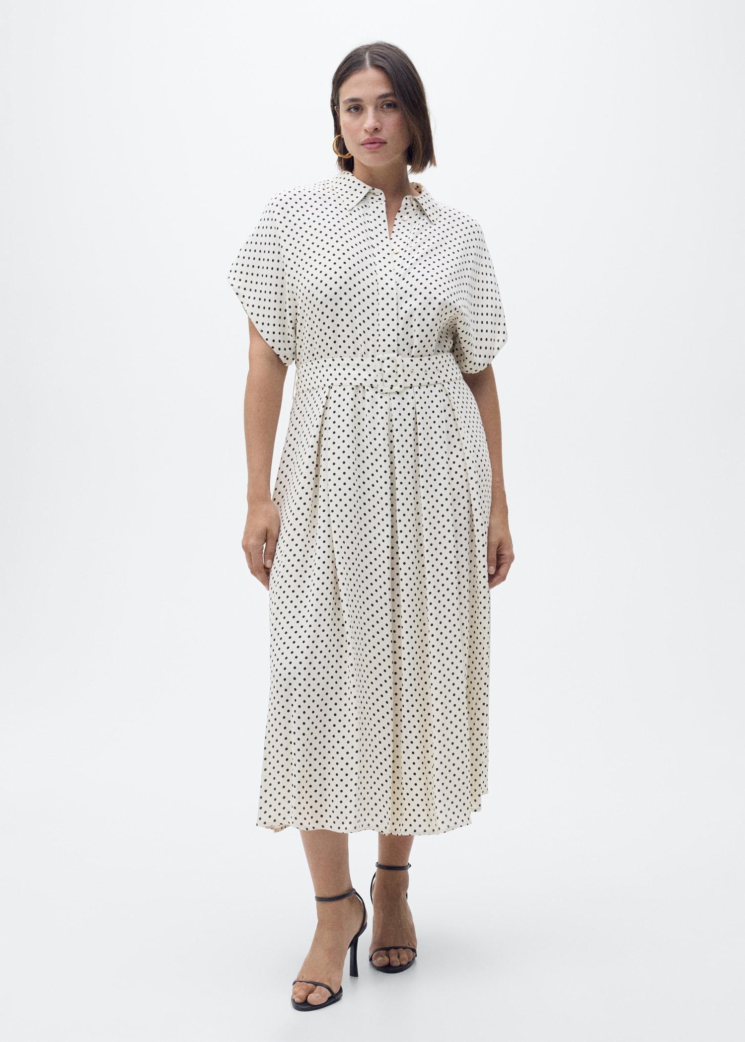 Polka-dot dress with belt - Women | MANGO USA Product Image