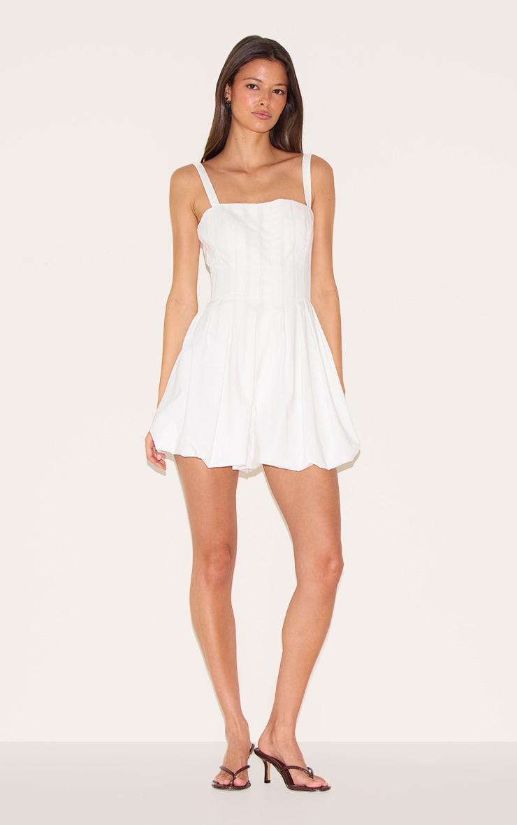 White Twill Pleated Puffball Romper Product Image