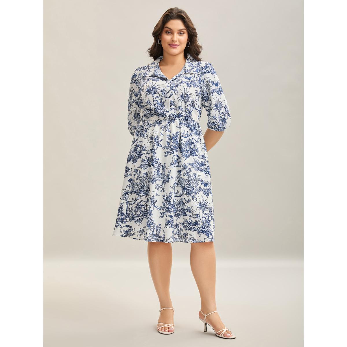 Plus Size Animal Print Button Pockets Midi Dress DarkBlue Women Elegant Shirt collar Half Sleeve Curvy BloomChic 14-16/1X Product Image