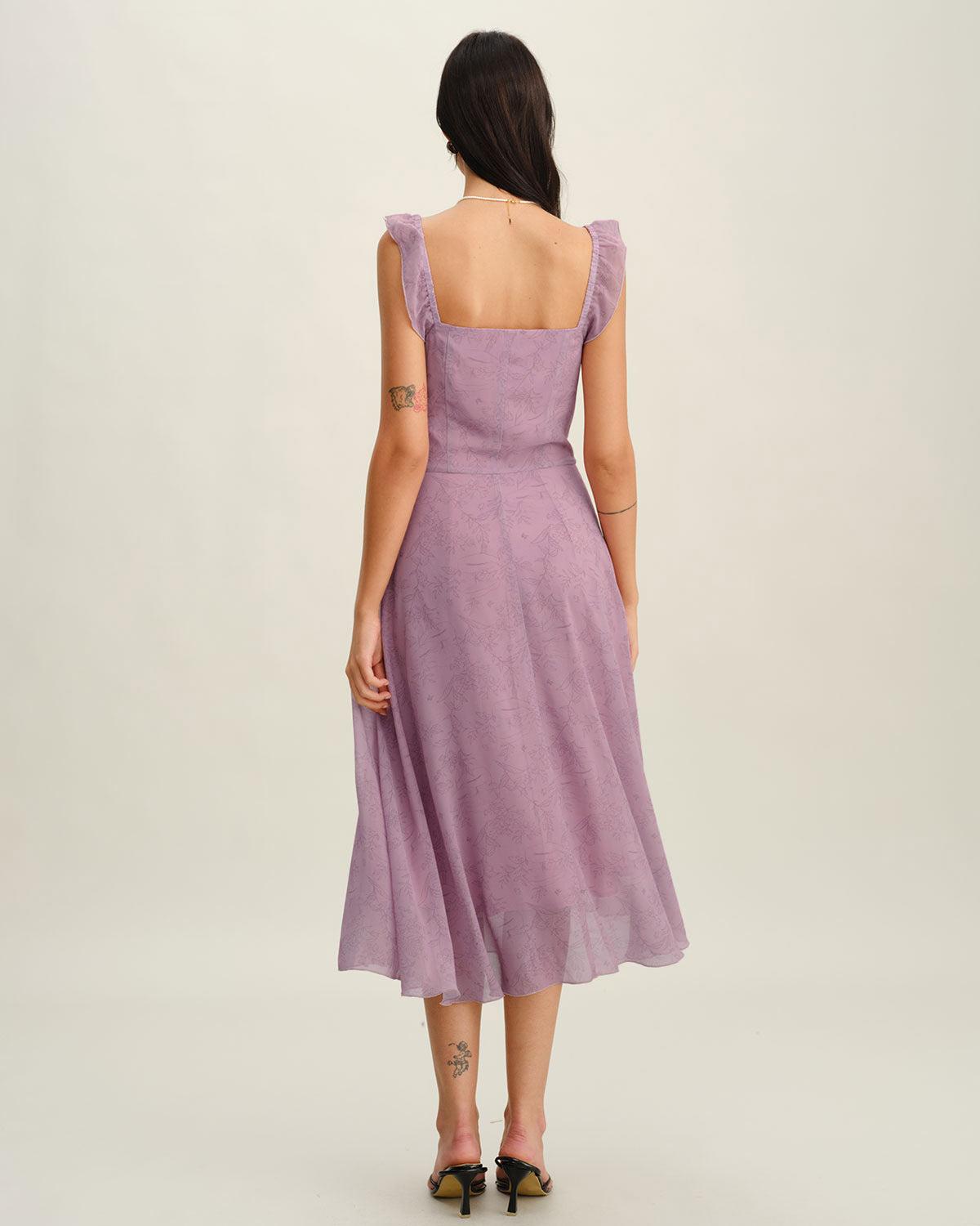 Purple Floral Square Neck Ruffle Slip Midi Dress Product Image