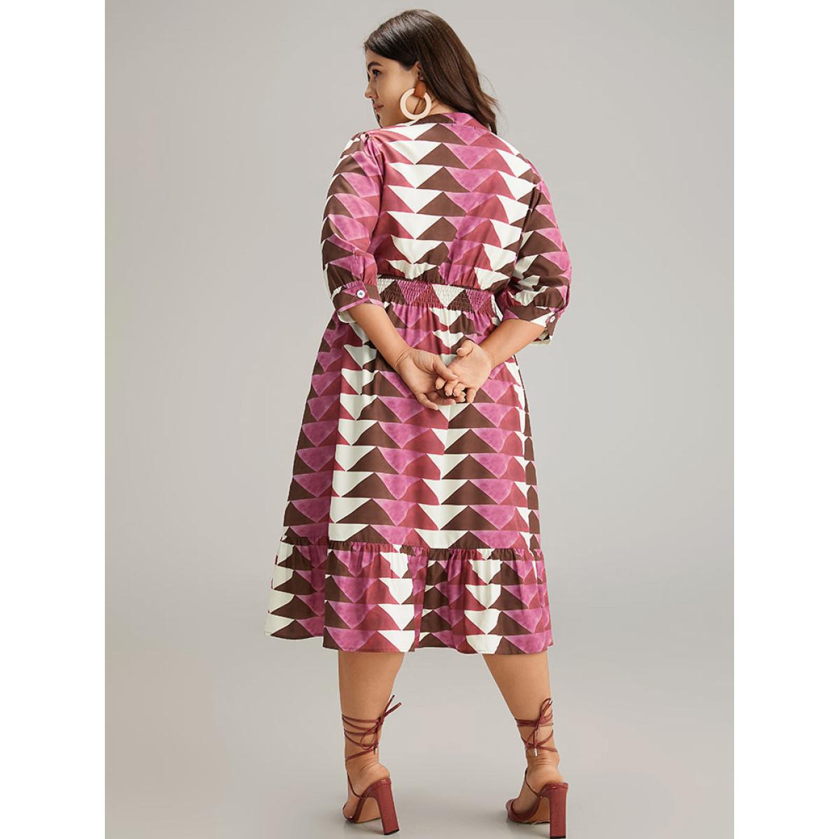 Plus Size Geometric Shirred Button Up Ruffle Hem Dress RedViolet Women Vacation Printed Notched collar Elbow-length sleeve Curvy Midi Dress BloomChic 28/5X Product Image
