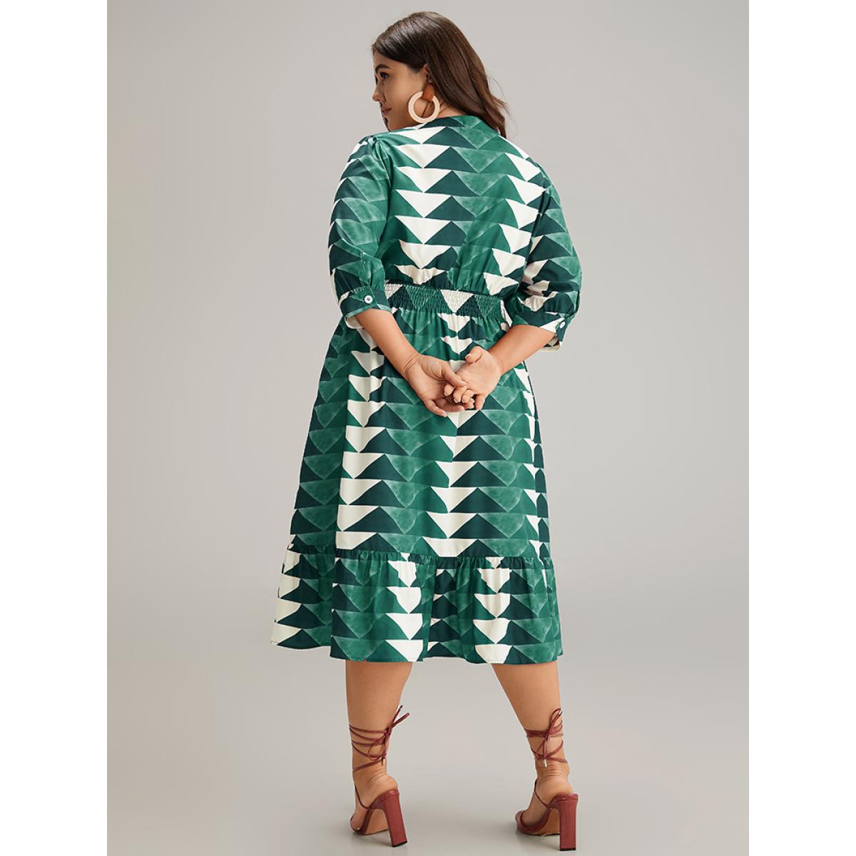 Plus Size Geometric Shirred Button Up Ruffle Hem Dress Aegean Women Vacation Printed Notched collar Elbow-length sleeve Curvy Midi Dress BloomChic 12/L Product Image