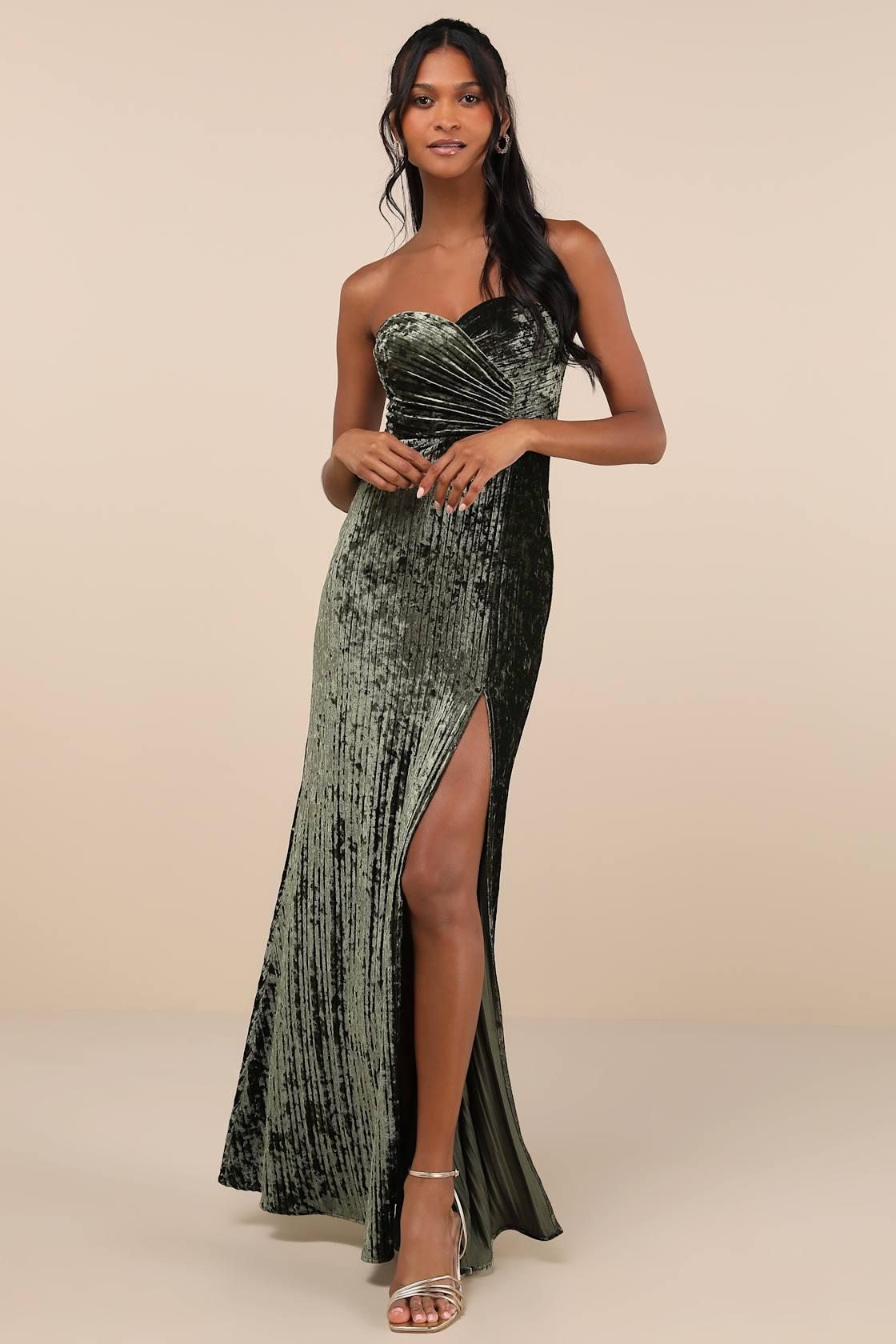 Classy Sensation Olive Velvet Pleated Strapless Maxi Dress Product Image