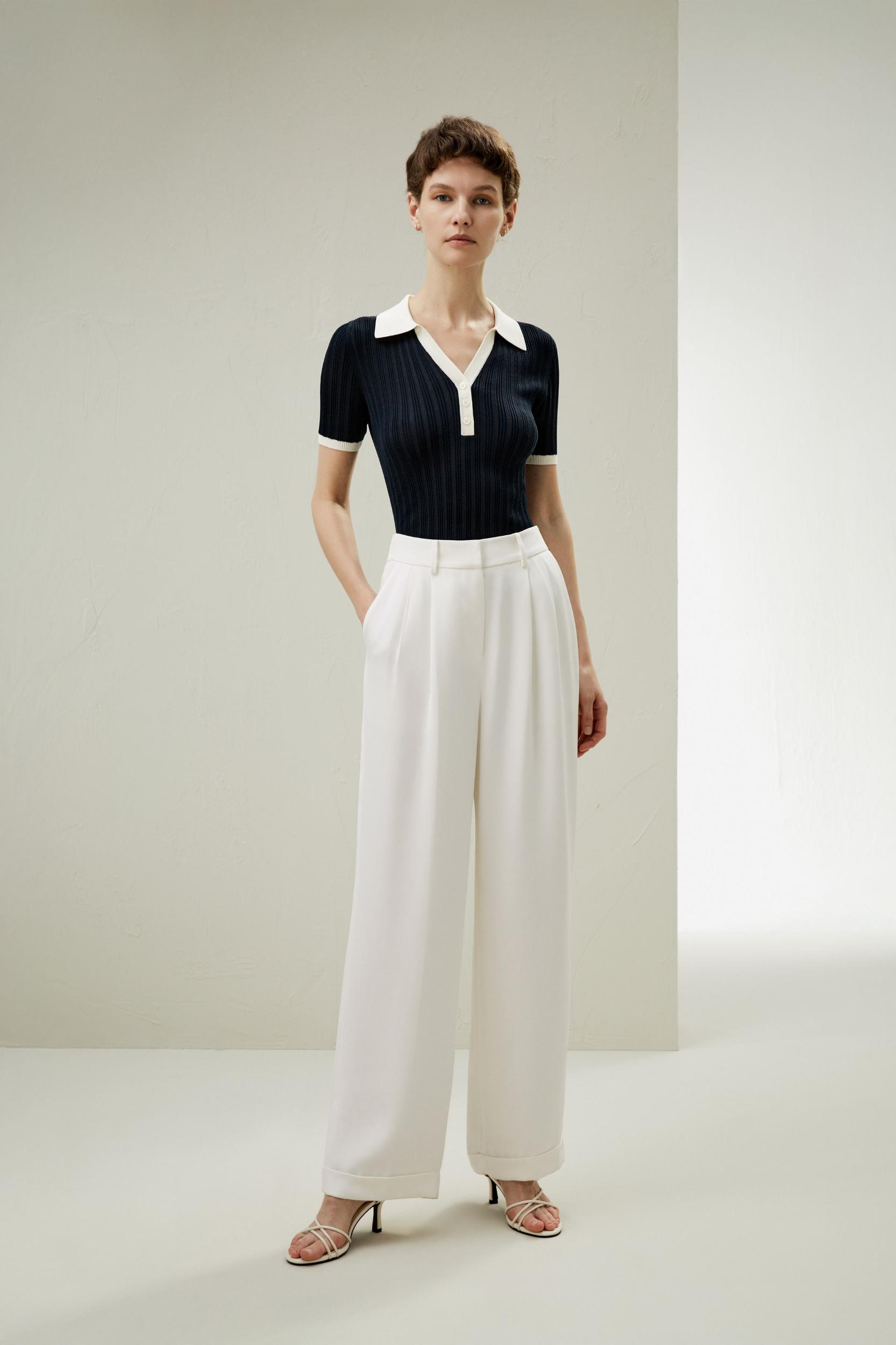 V Neck Ribbed Silk Knit Top Product Image