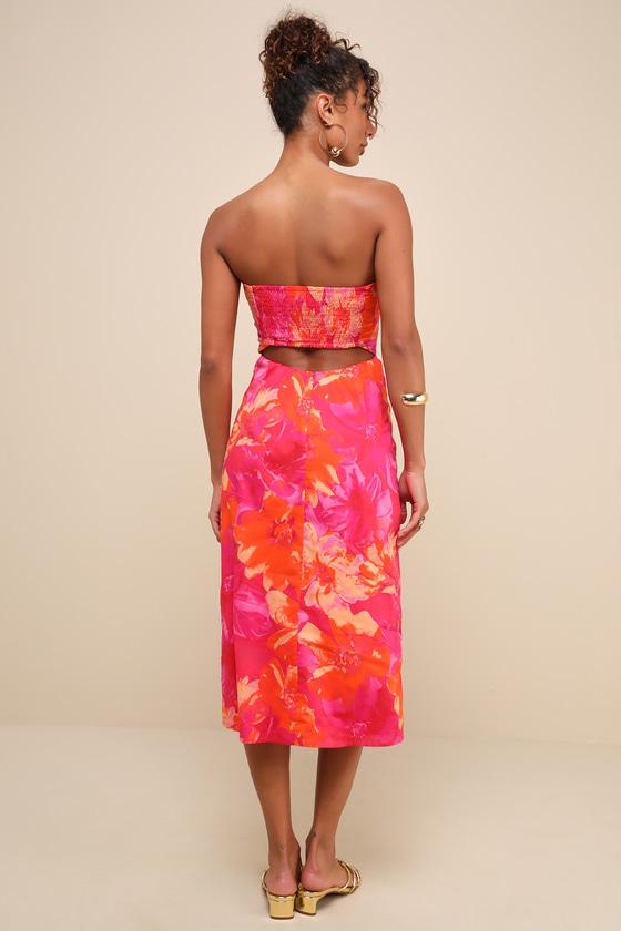 Bold Tendencies Fuchsia Floral Strapless Cutout Midi Dress Product Image