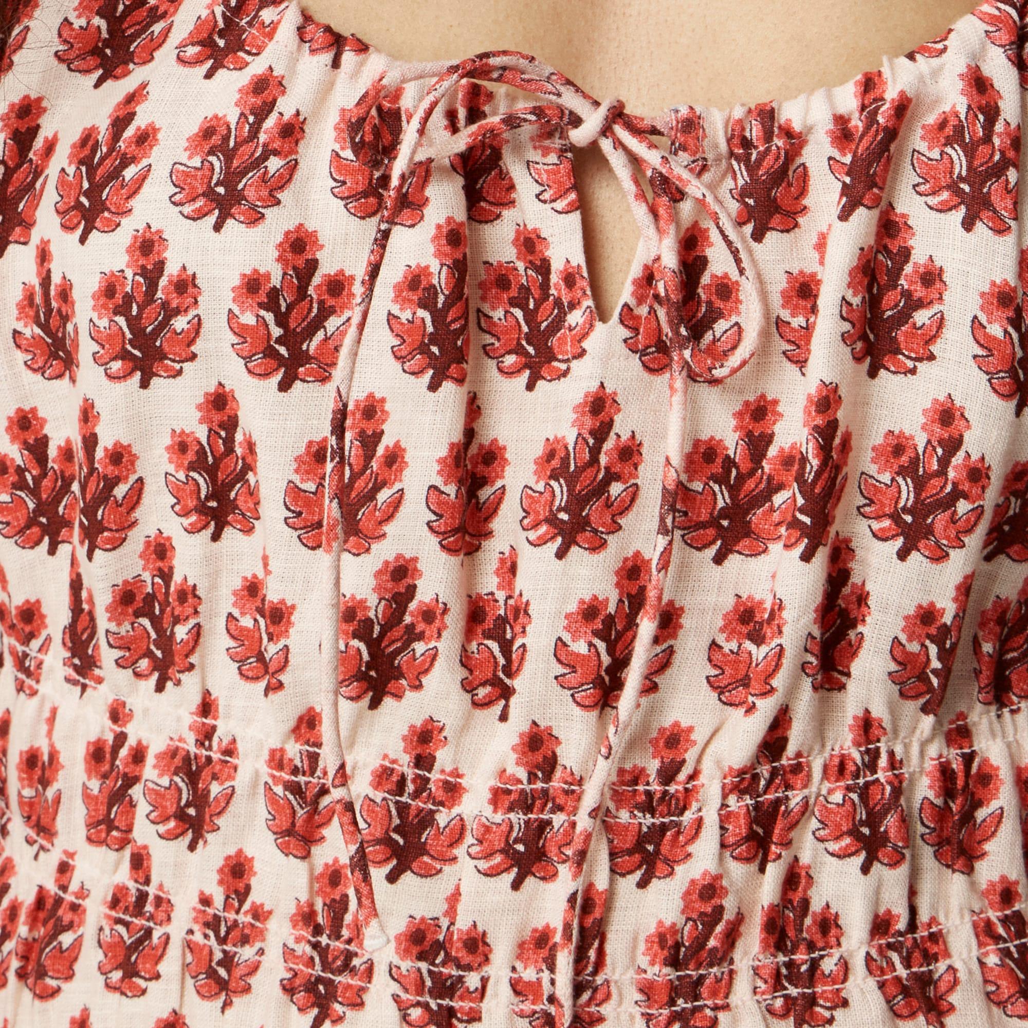 Cap-sleeve midi dress in block print linen Product Image