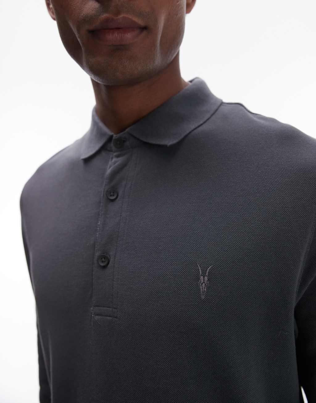 AllSaints Reform long sleeve polo shirt in dusty blue Product Image