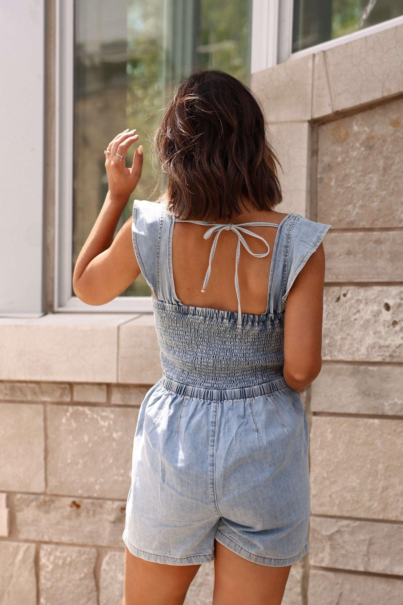 Denim Ruffle Sleeve Smocked Romper - FINAL SALE Product Image