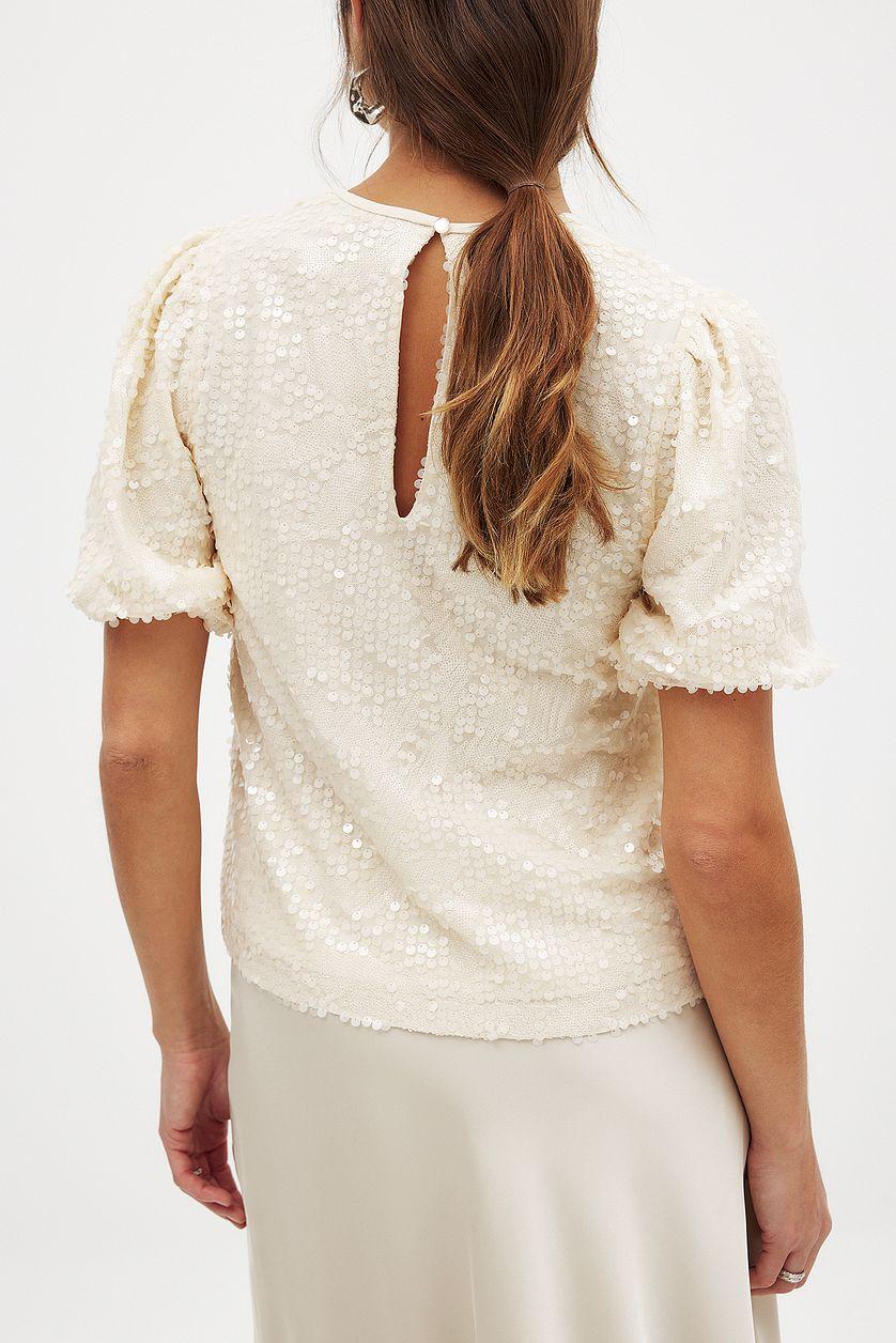 Puff Sleeve Sequin Top Beige Product Image