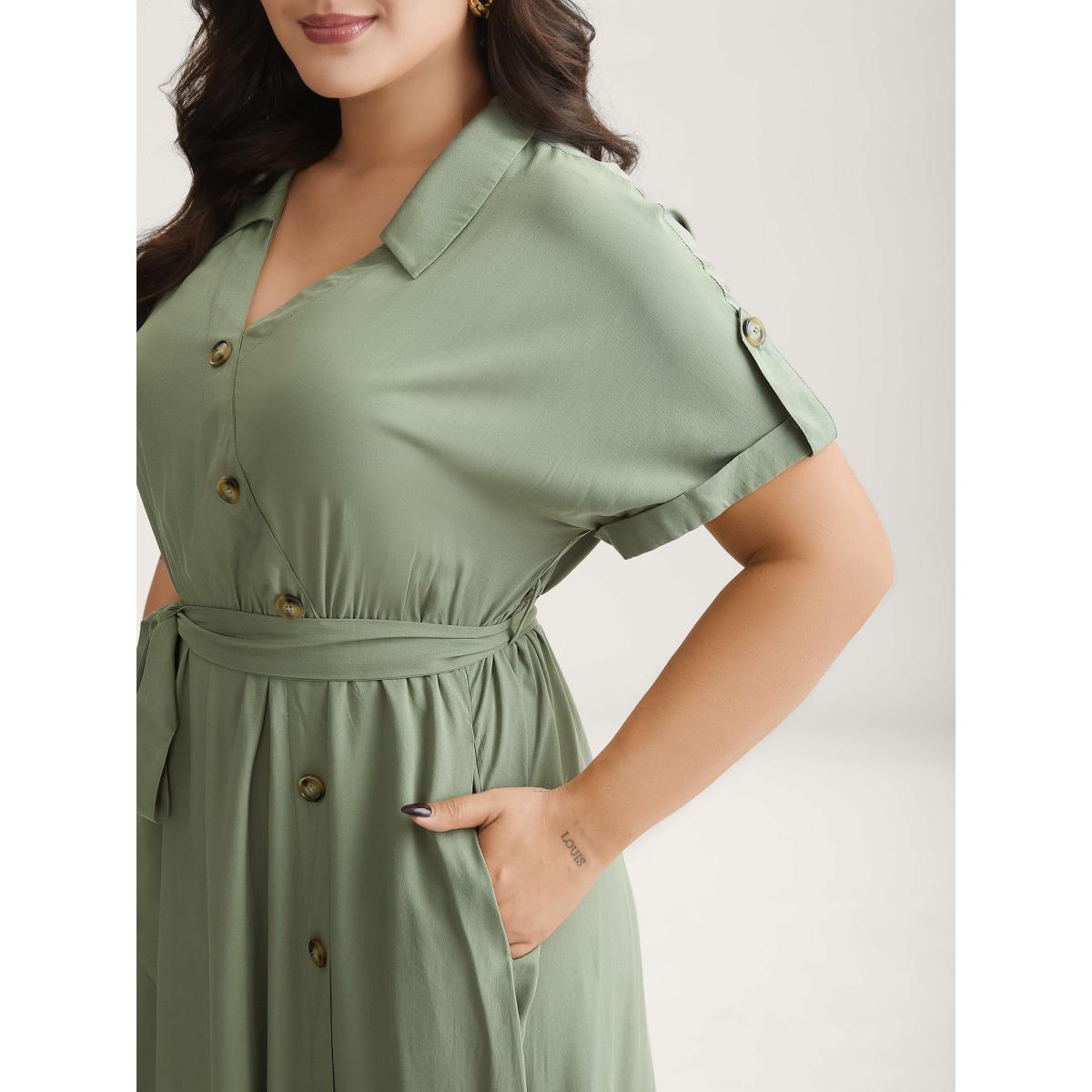 Plus Size Rayon Button Detail Belted Pockets Midi Dress ArmyGreen Women Shirt collar Short sleeve Curvy BloomChic 14-16/1X Product Image