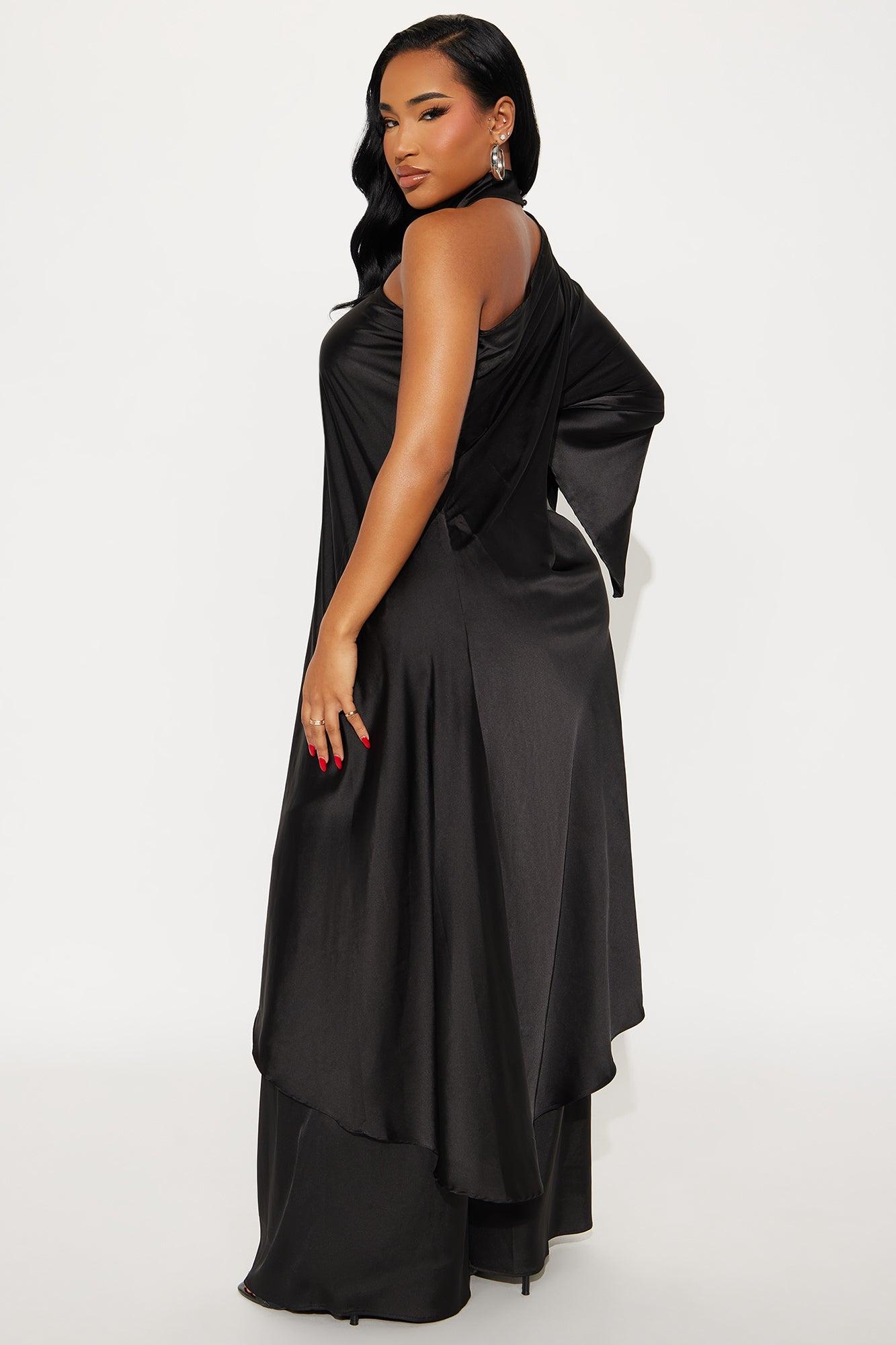 Solana Satin One Shoulder Draped Pant Set - Black Product Image