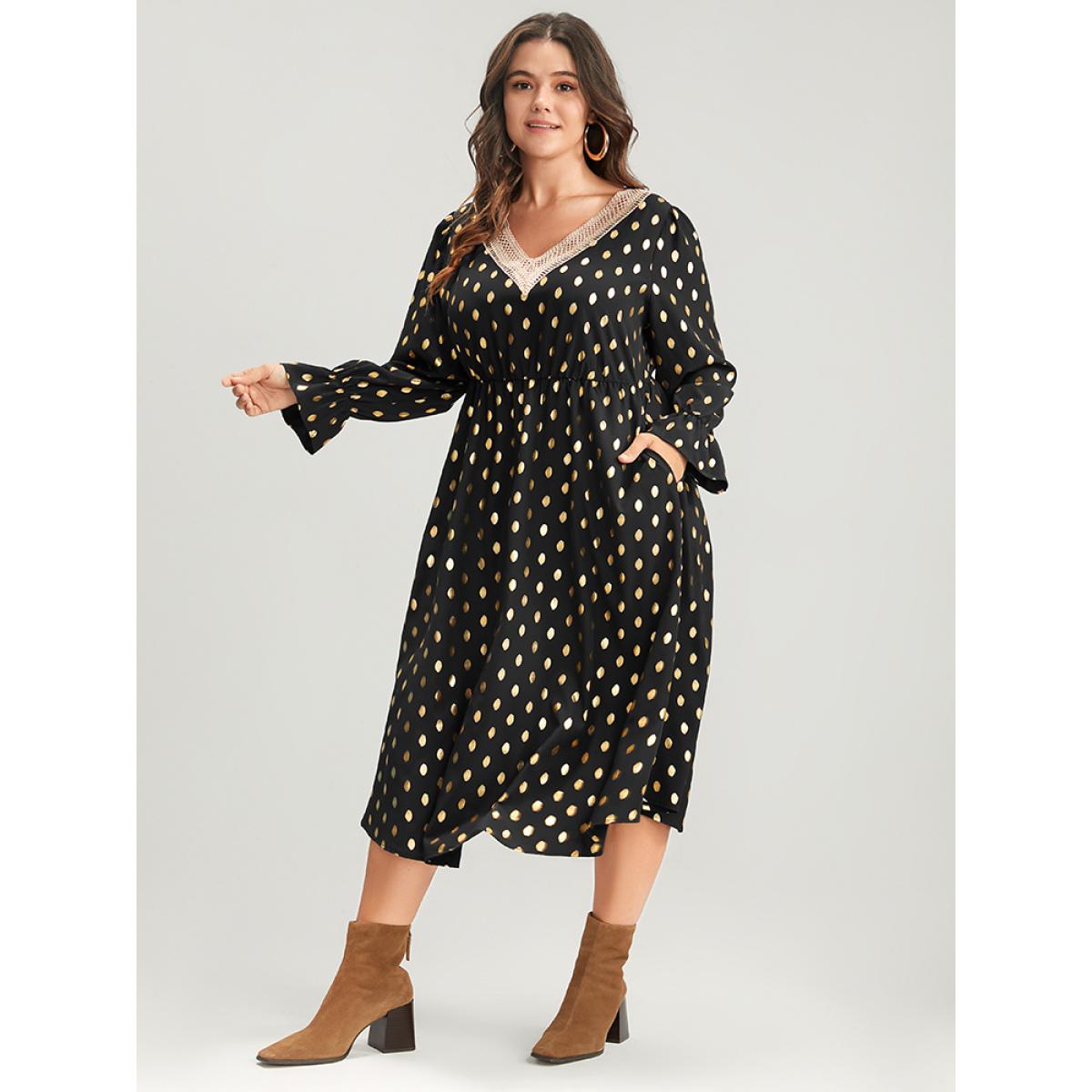 Plus Size Polka Dot Lantern Sleeve Pocket Lace Trim Midi Dress Black Women Party Lace V-neck Long Sleeve Curvy Midi Dress BloomChic 26/4X Product Image
