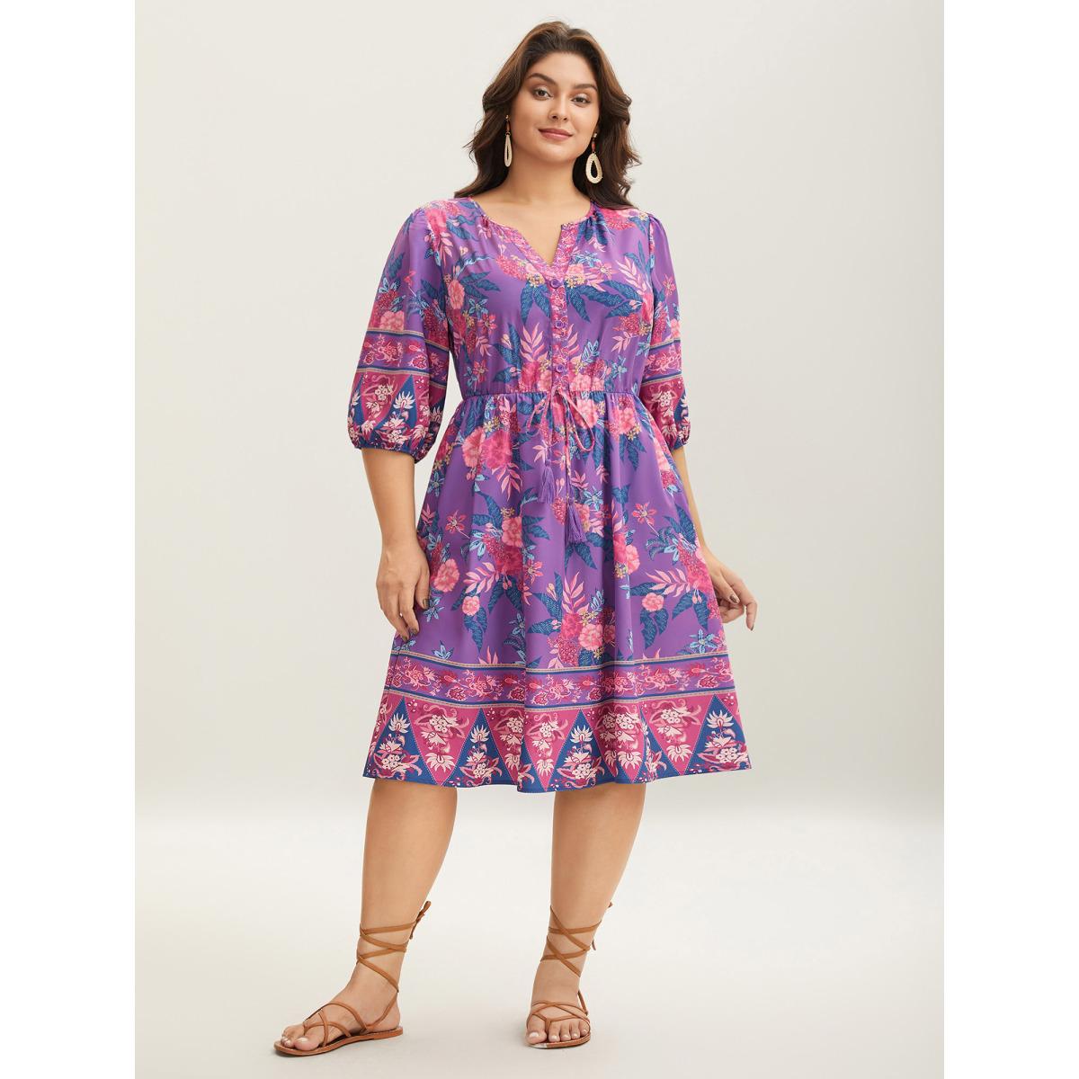 Plus Size Large Flower Print Split Neck Midi Dress DarkViolet Women Notched collar Elbow-length sleeve Curvy BloomChic 14-16/1X Product Image