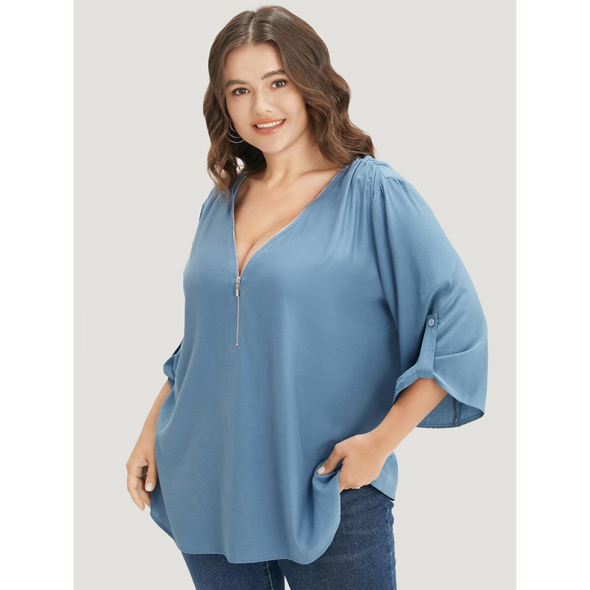 Plus Size Stone Solid Zipper Half Gathered Cuffed Sleeve Blouse Women Office Elbow-length sleeve V-neck Work Blouses BloomChic 12/L Product Image