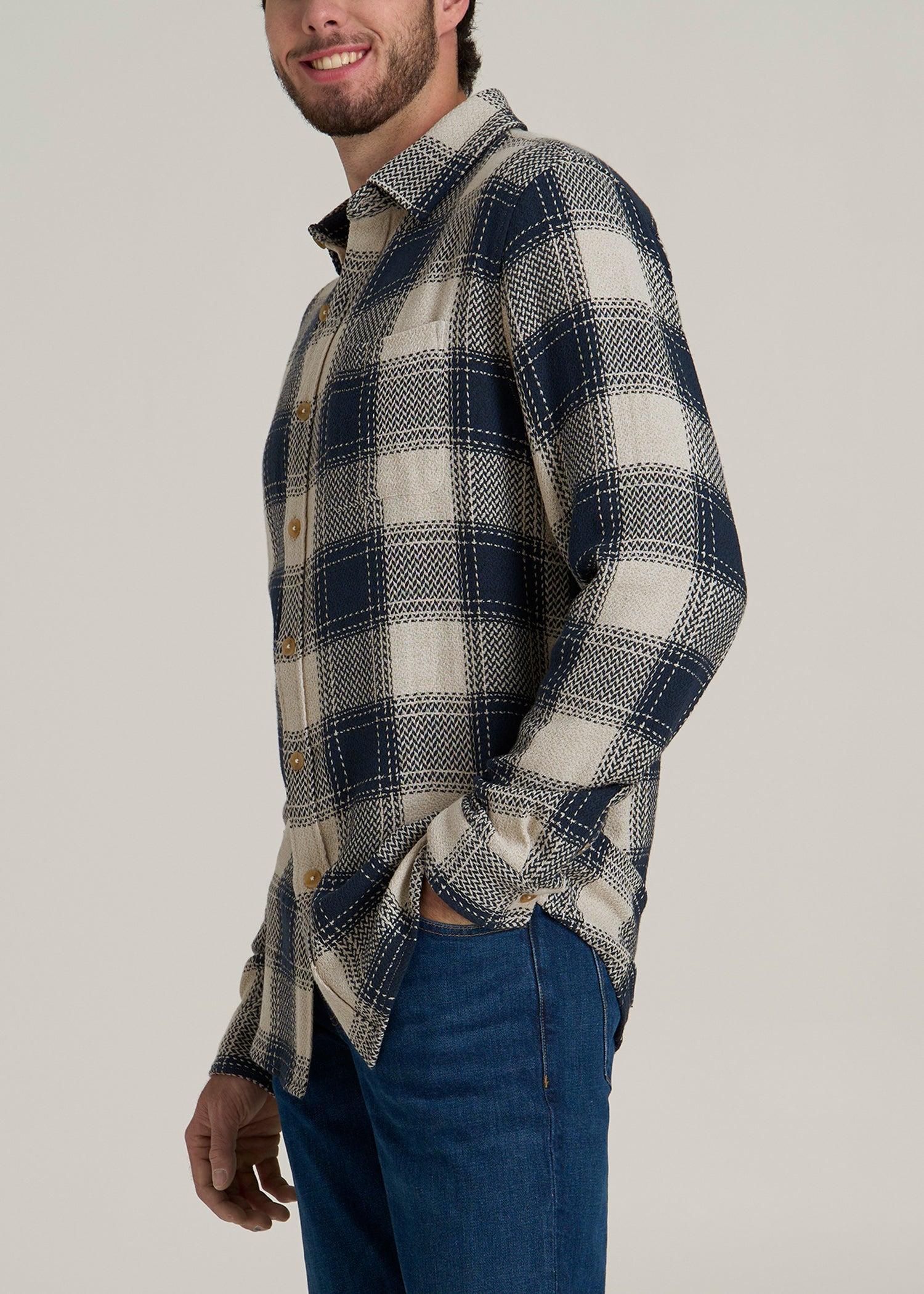 Lightweight Woven Overshirt for Tall Men in Navy and Beige Plaid Male Product Image