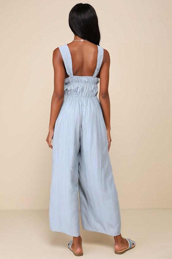 On the Dock Light Blue Crinkle Sleeveless Wide-Leg Jumpsuit Product Image
