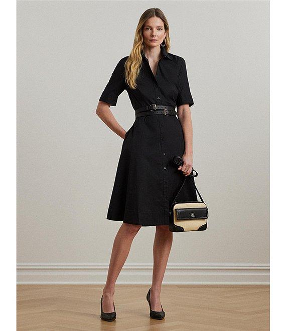 Lauren Ralph Lauren Stretch Cotton Blend Point Collar Elbow Length Sleeve Button Front Shirt Dress Product Image