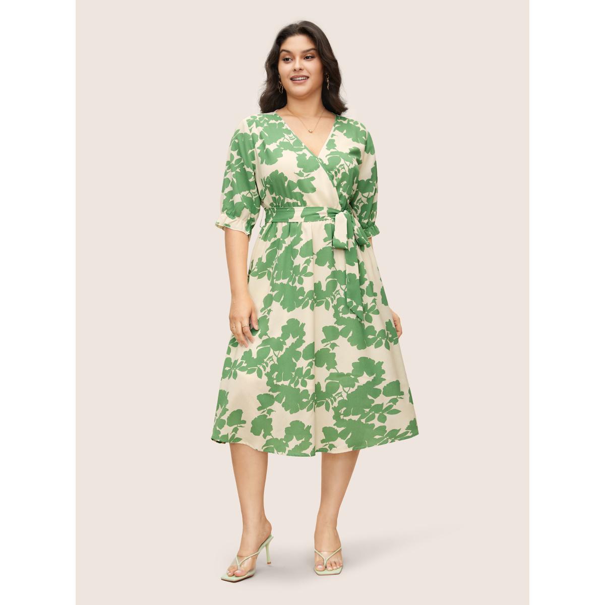 Plus Size Silhouette Floral Print Overlap Collar Lantern Sleeve Dress Mint Women Elegant Overlapping Overlap Collar Elbow-length sleeve Curvy Midi Dress BloomChic 30/6X Product Image