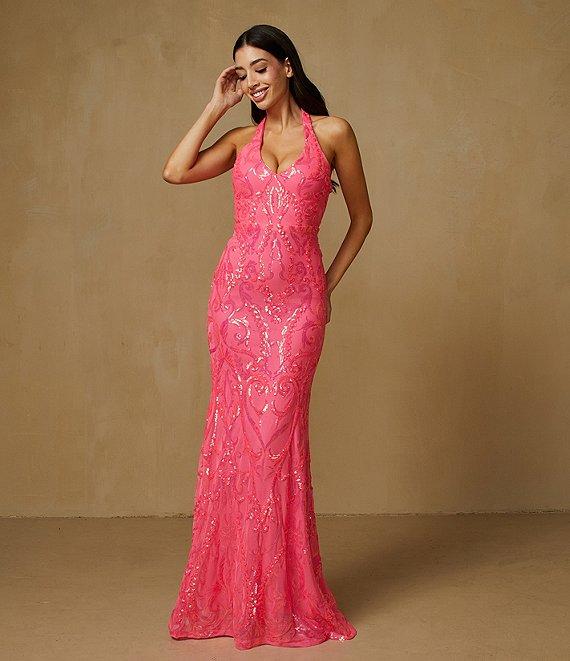 B. Darlin V-Neck Patterned Sequin Halter Dress Product Image