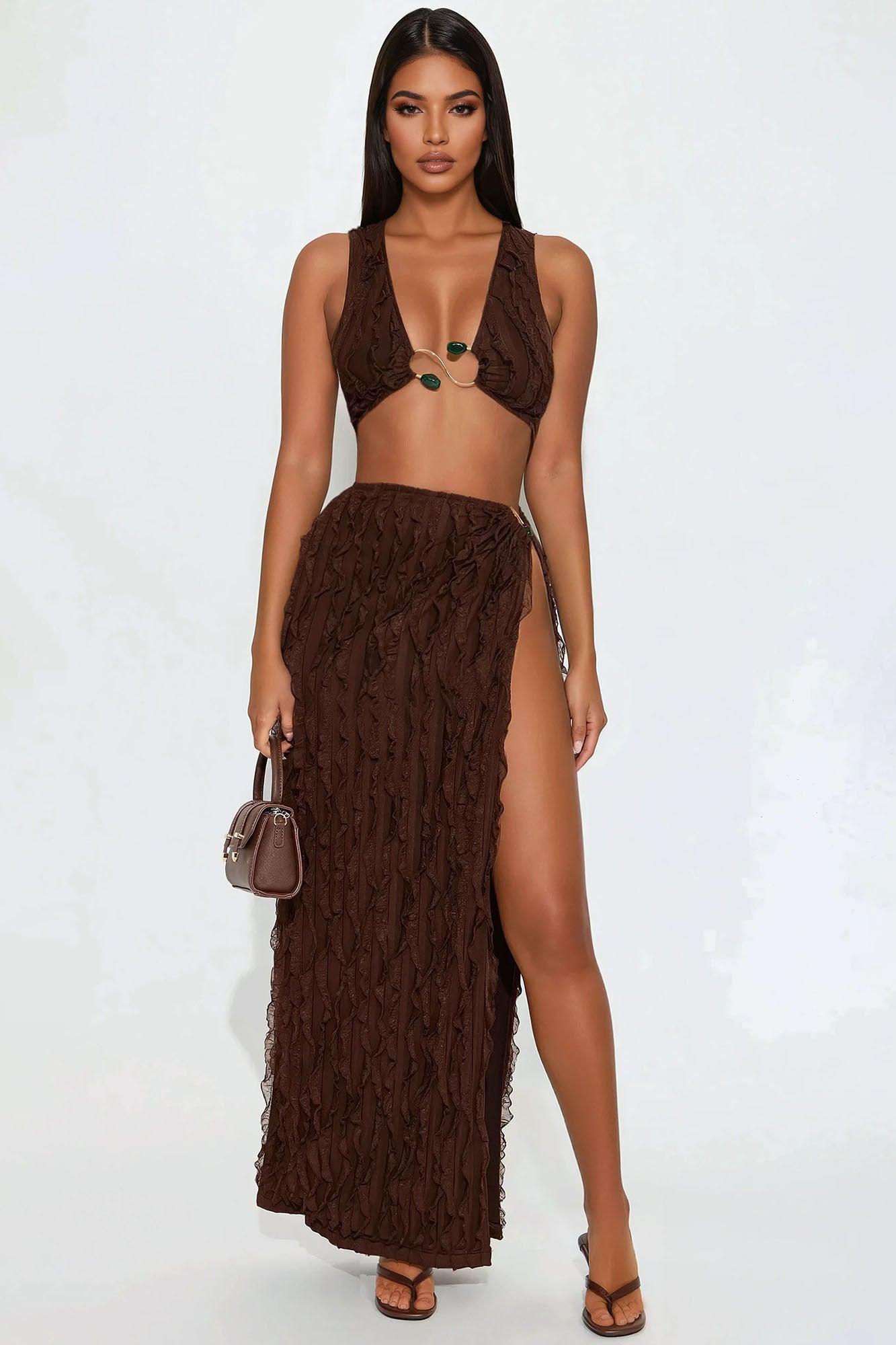 Oceanfront Elegance Maxi Skirt Set - Brown Product Image