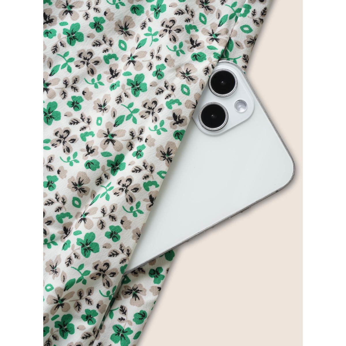 Plus Size Ditsy Floral Drawstring Ruffle Cap Sleeve Dress Green Women Elegant Drawstring Heart neckline Cap Sleeve Curvy BloomChic 10/M Product Image