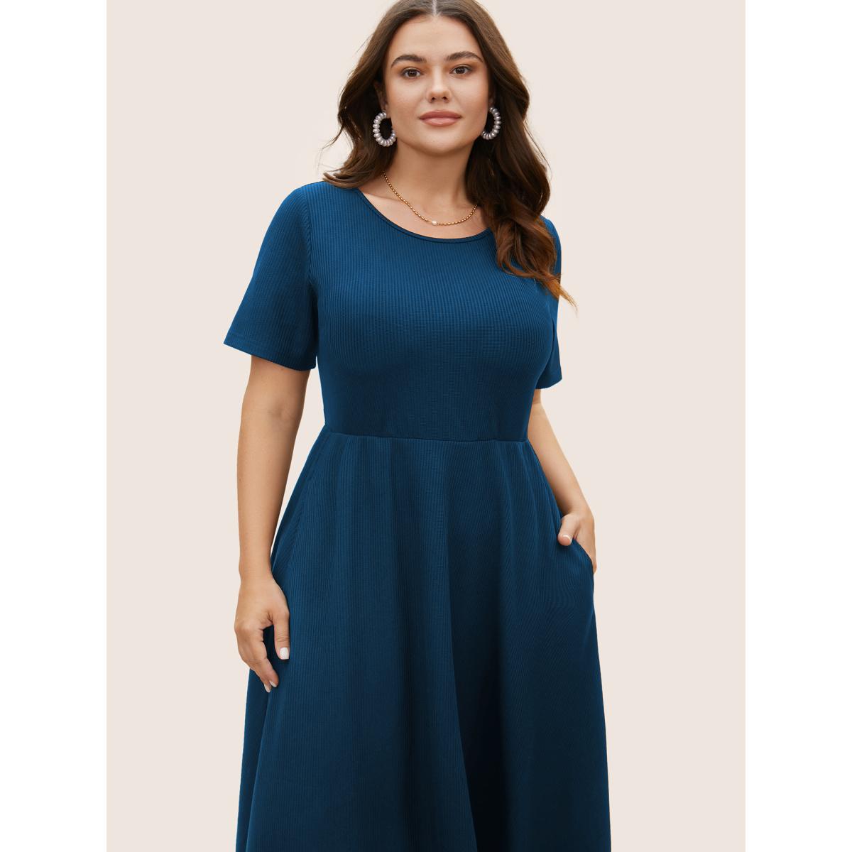 Plus Size Round Neck Contrast Back Bowknot Midi Dress DarkBlue Women Elegant Tie knot Round Neck Short sleeve Curvy BloomChic 22-24/3X Product Image