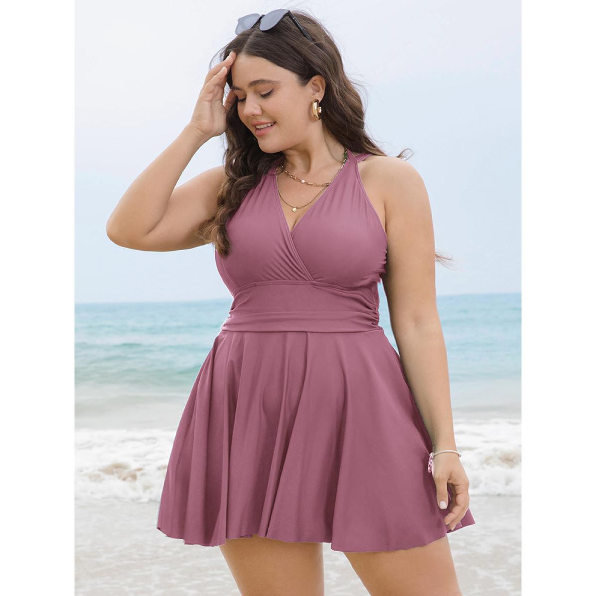 Plus Size Solid Ruffle Hem Empire Waist Halter Neck Swim Dress Women's Swimwear Lilac Beach Bodycon Halter neck High stretch Curve Swim Dresses BloomChic 12/L Product Image