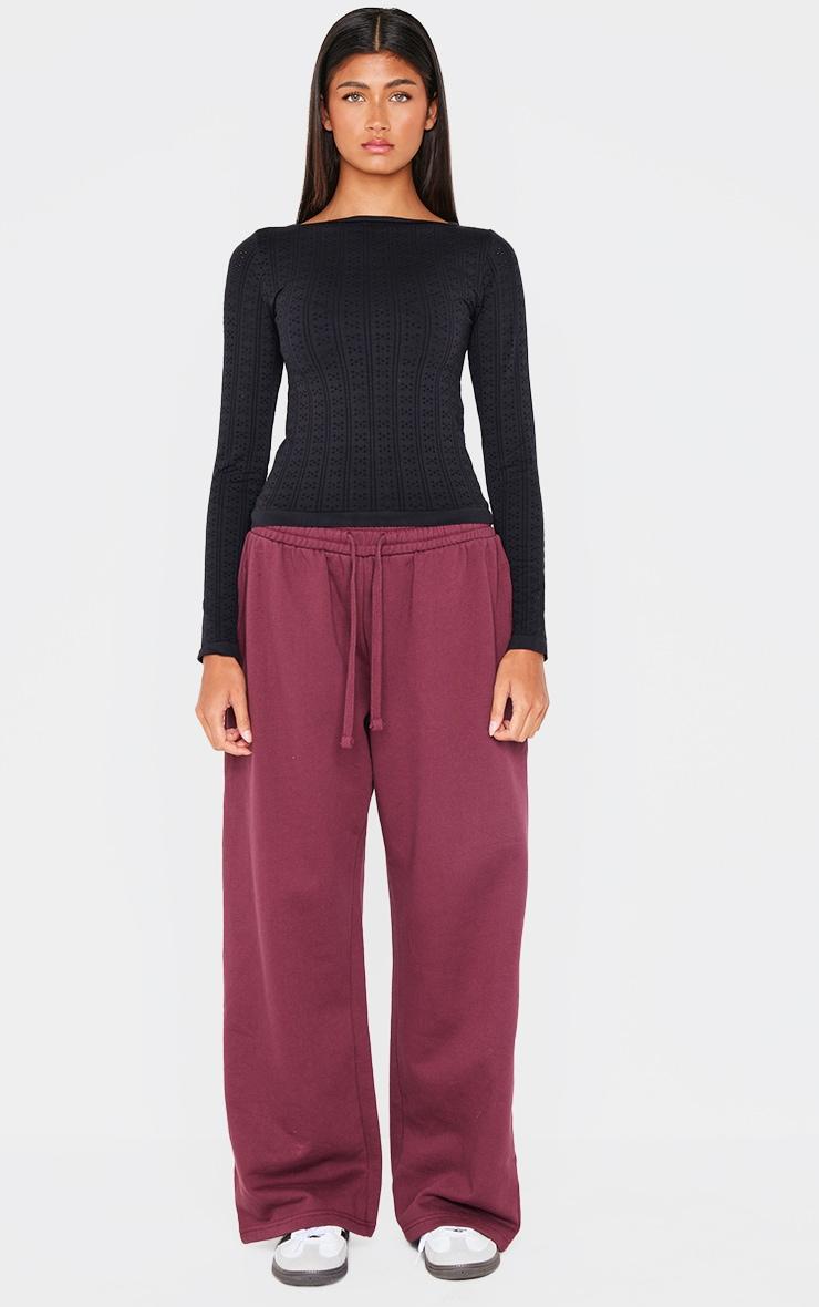 Black Contour Pointelle Detail Boatneck Long Sleeve Top Product Image