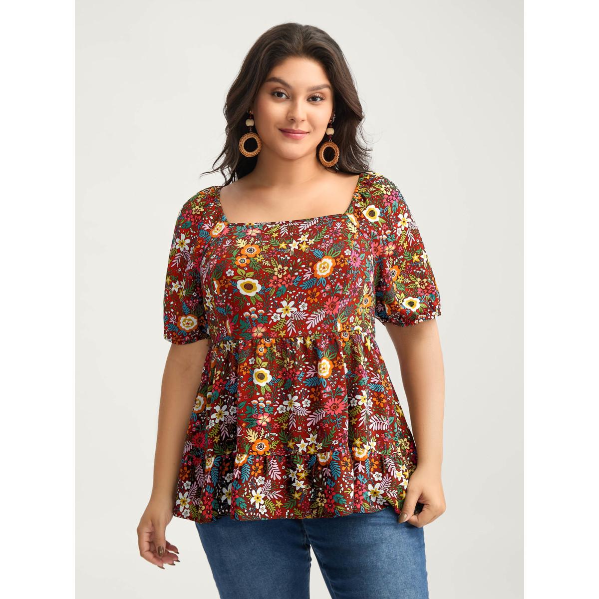 Plus Size Scarlet Floral Square Neck Fit and Flare Blouse Women Playful Short sleeve Square Neck Vacation Blouses BloomChic 22-24/3X Product Image