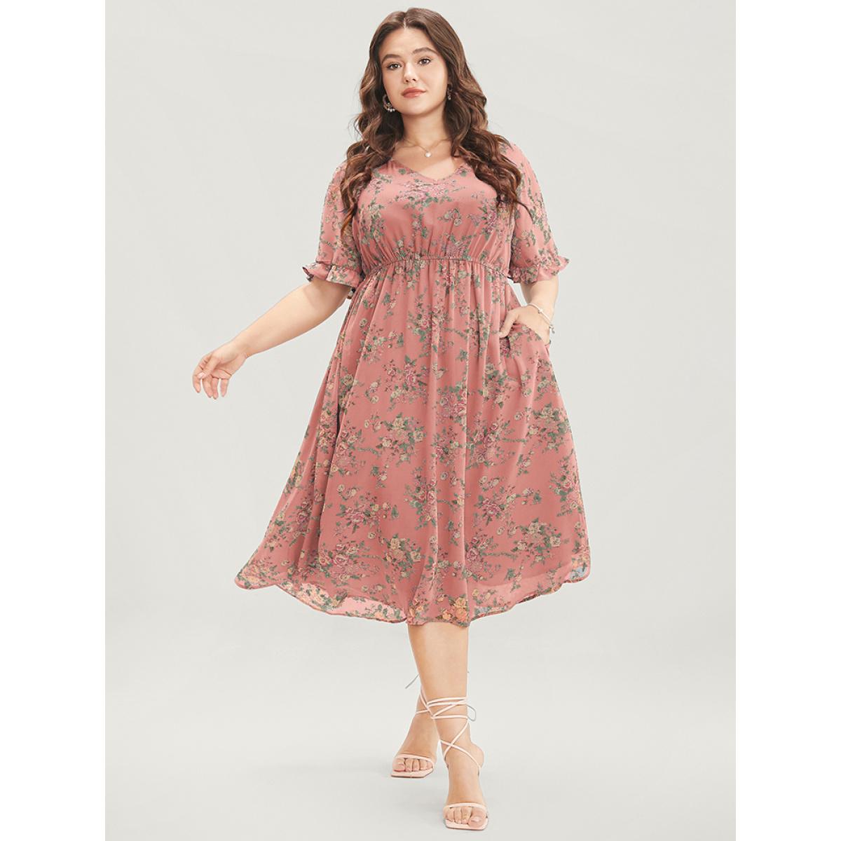 Plus Size Floral Print V Neck Elastic Waist Mesh Pocket Ruffles Dress DustyPink Women Elegant See through V-neck Short sleeve Curvy Midi Dress BloomChic 14-16/1X Product Image