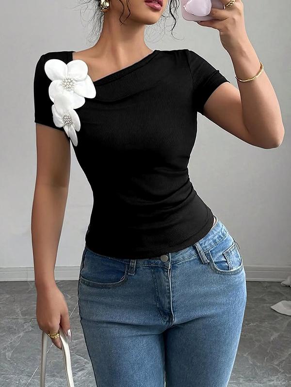 Short Sleeves Skinny Pleated Solid Color Three-Dimensional Flower Asymmetric Collar T-Shirts Tops Product Image
