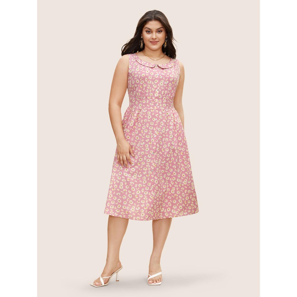 Plus Size Collared Daisy Midi Dress Blush Women Elegant Gathered Lapel Collar Sleeveless Curvy BloomChic 28/5X Product Image
