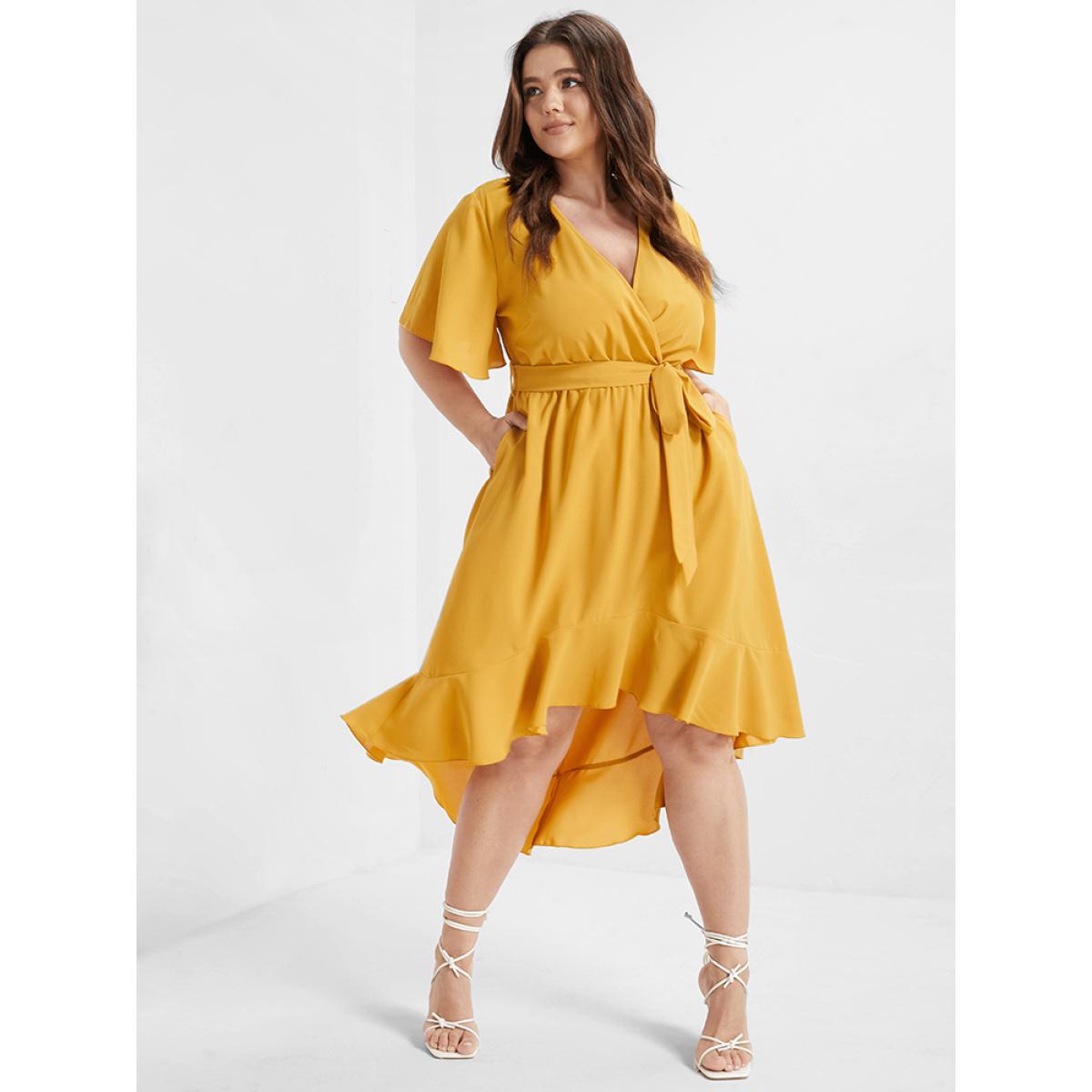 Plus Size Bloom Dress - Solid Tie Surplice Ruffle High Low Dress Yellow Women Elegant Cross straps V-neck Short sleeve Curvy Midi Dress BloomChic 30/6X Product Image