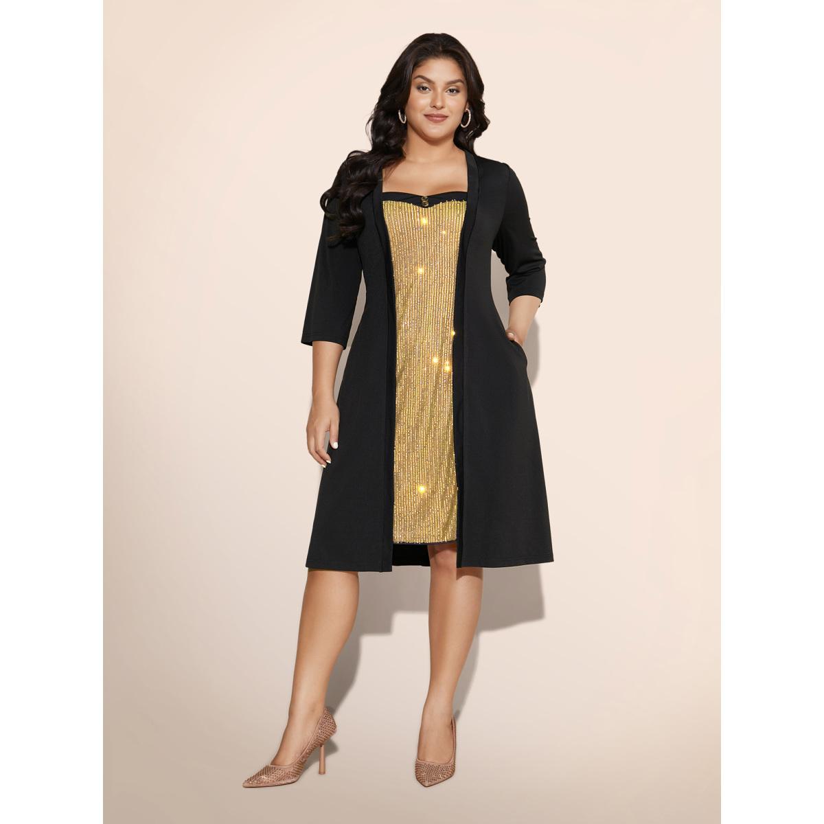 Plus Size Heart Neckline Patchwork Sequin Button Detail Dress Silver Women Party&Cocktail Texture Party Curvy Bloomchic 28/5X Product Image