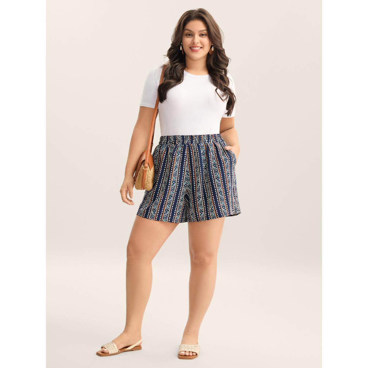 Plus Size Boho Stripes Pockets Straight-Leg Shorts Women Indigo Resort Straight Leg Vacation Shorts BloomChic 26/4X Product Image