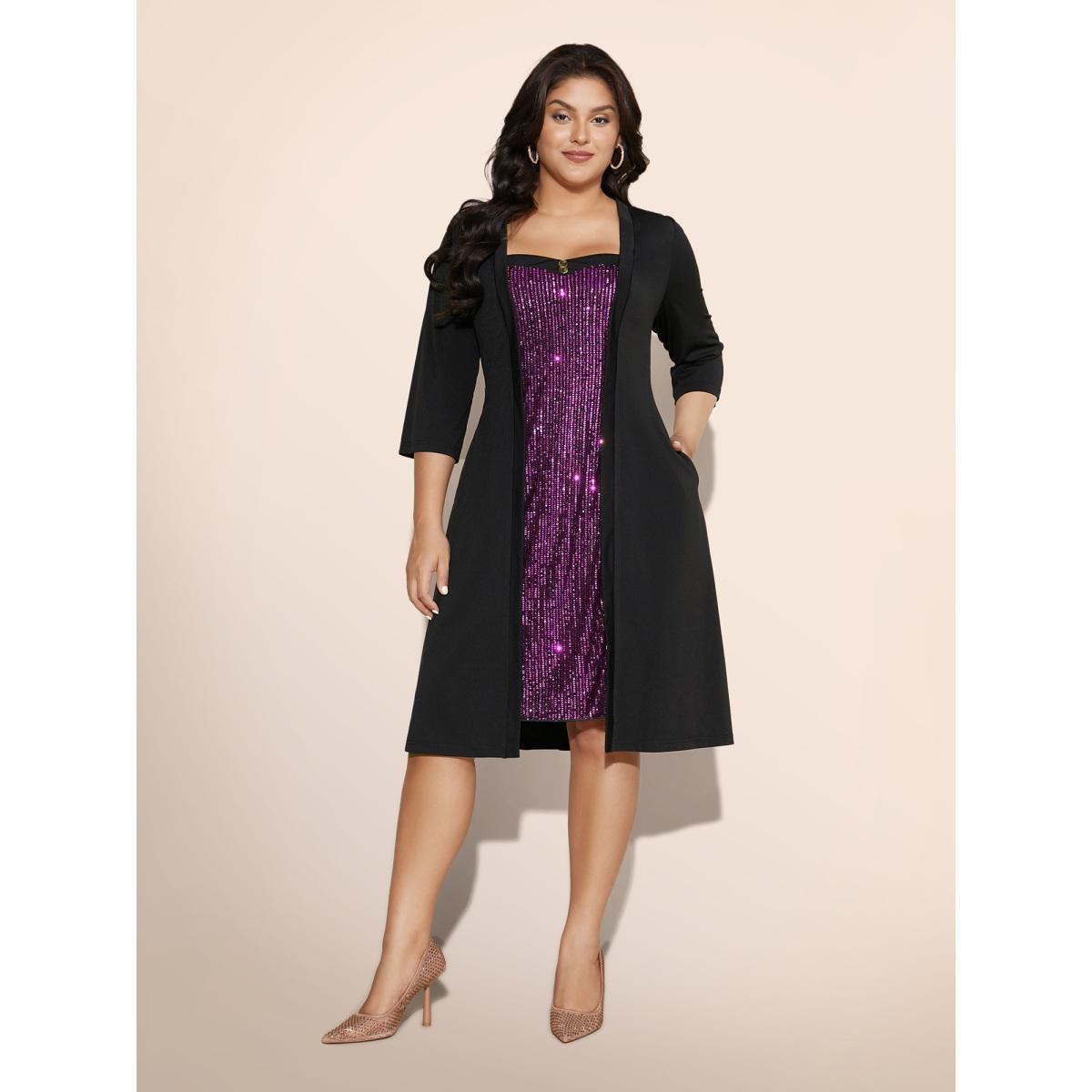 Plus Size Heart Neckline Patchwork Sequin Button Detail Dress DarkGreen Women Party&Cocktail Texture Party Curvy Bloomchic 30/6X Product Image