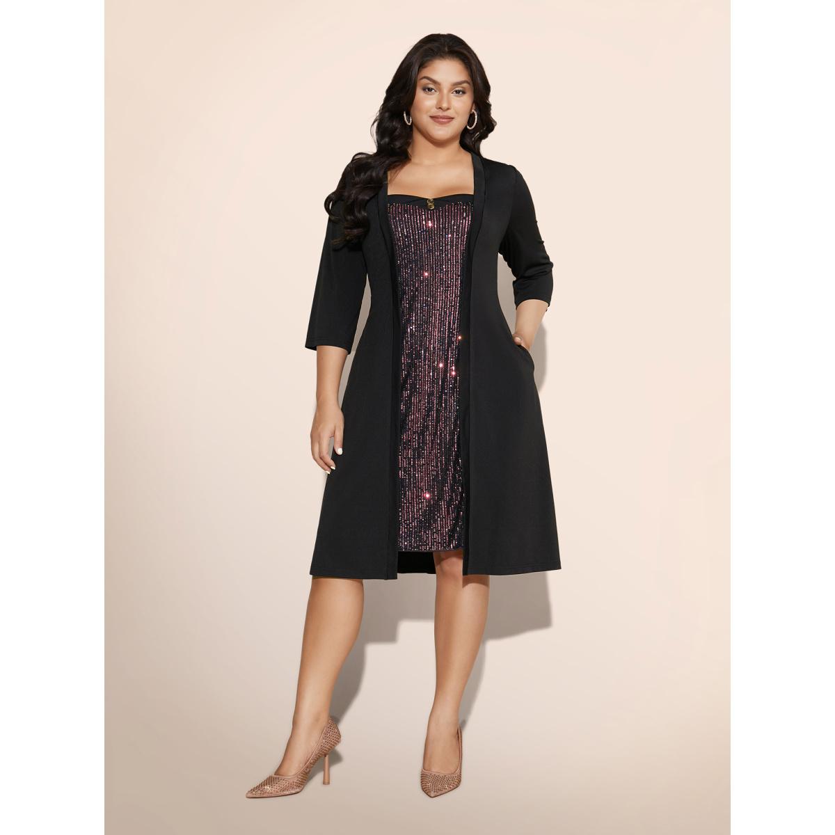 Plus Size Heart Neckline Patchwork Sequin Button Detail Dress DarkGreen Women Party&Cocktail Texture Party Curvy Bloomchic 30/6X Product Image