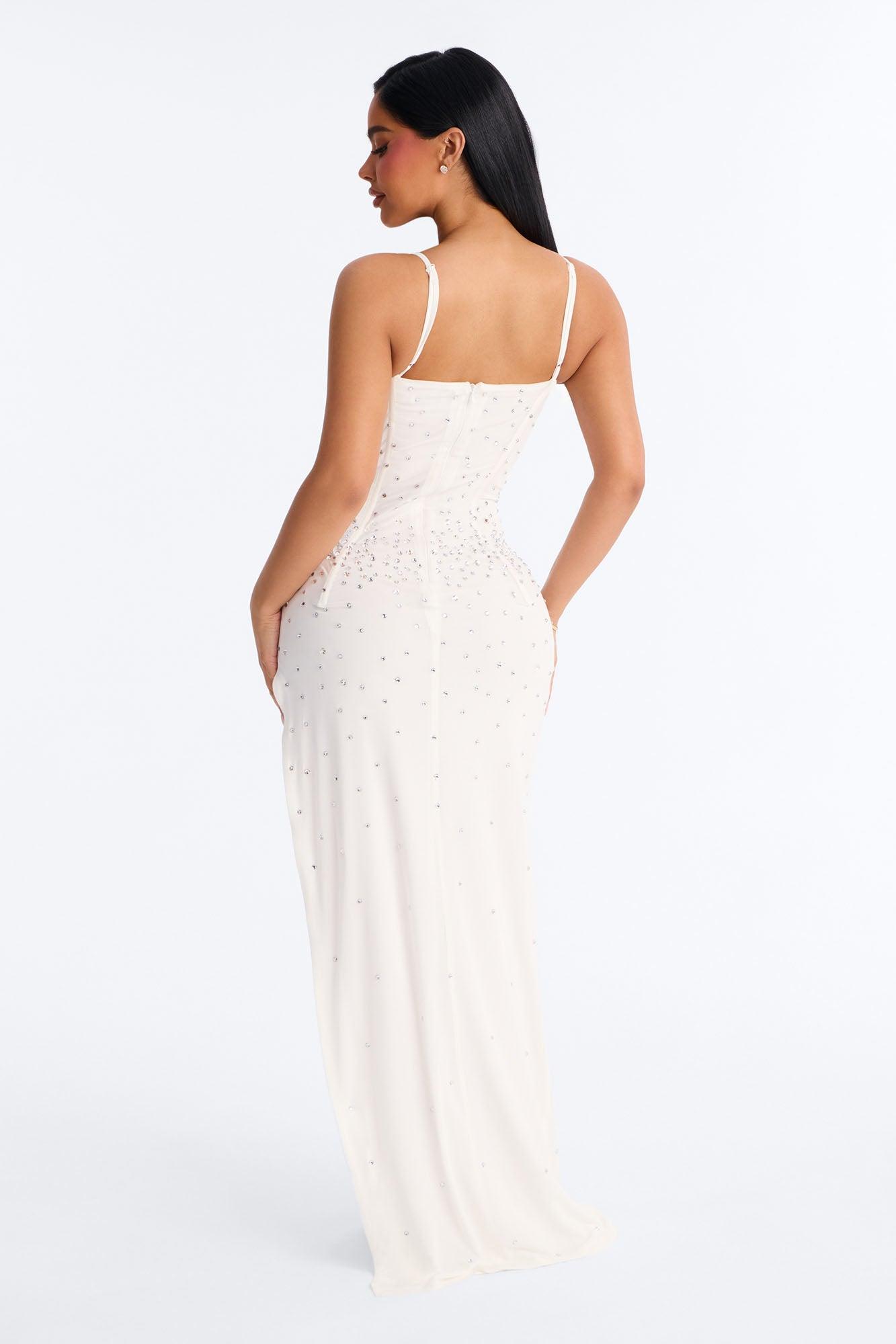 Celina Rhinestone Mesh Maxi Dress - White Female Product Image
