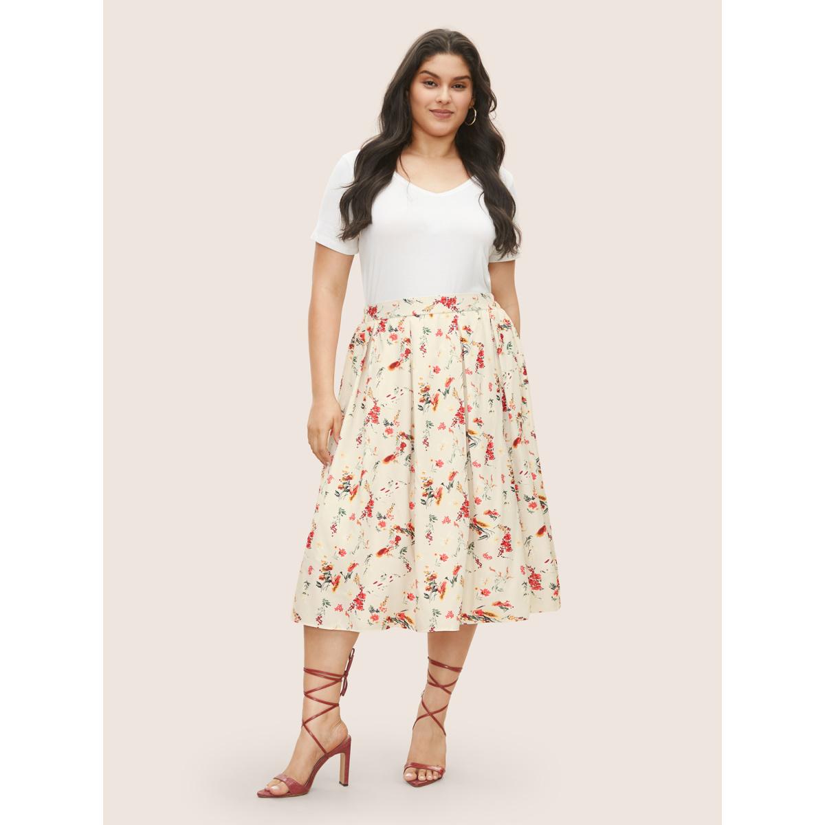 Plus Size Floral Print Pleated Elastic Waist Skirt Women Beige Elegant Pleated No stretch Everyday Skirts BloomChic 18-20/2X Product Image