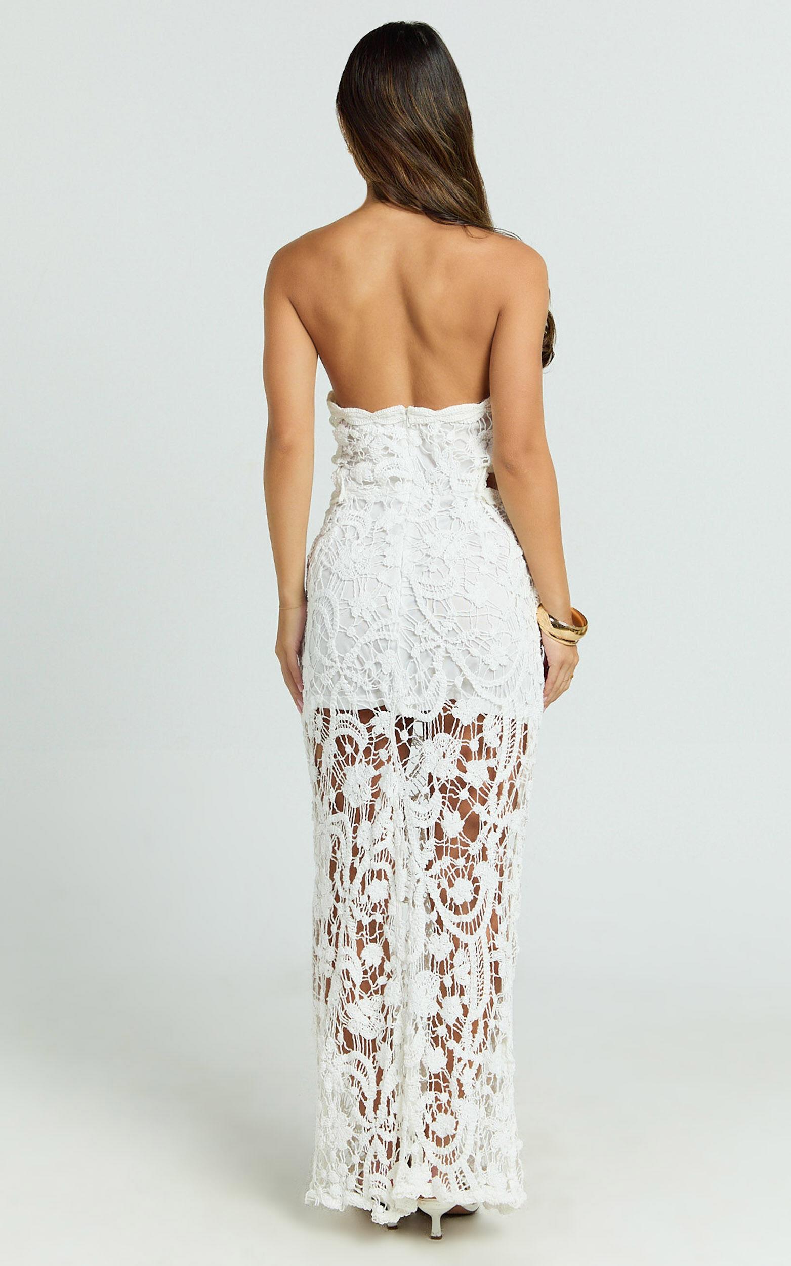 Heather Maxi Dress - Square Neck Strappy Fitted Crochet Column Dress in White Product Image