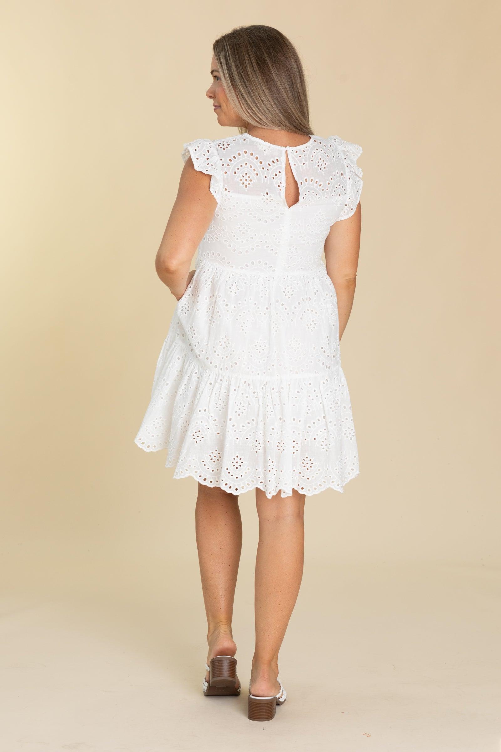 Off White Eyelet Detail Woven Dress Product Image