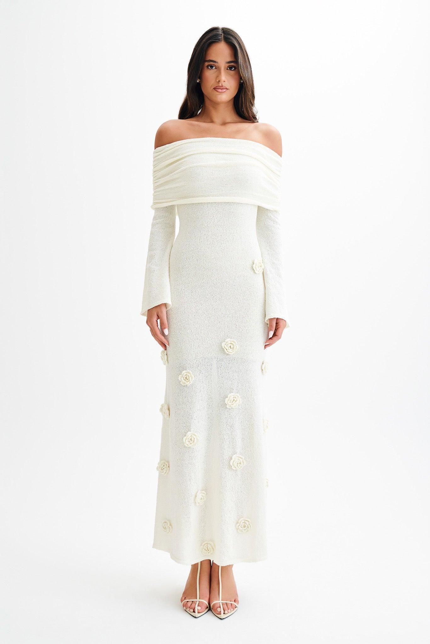 Kiki Off Shoulder Knit Rose Maxi Dress - Ivory Product Image