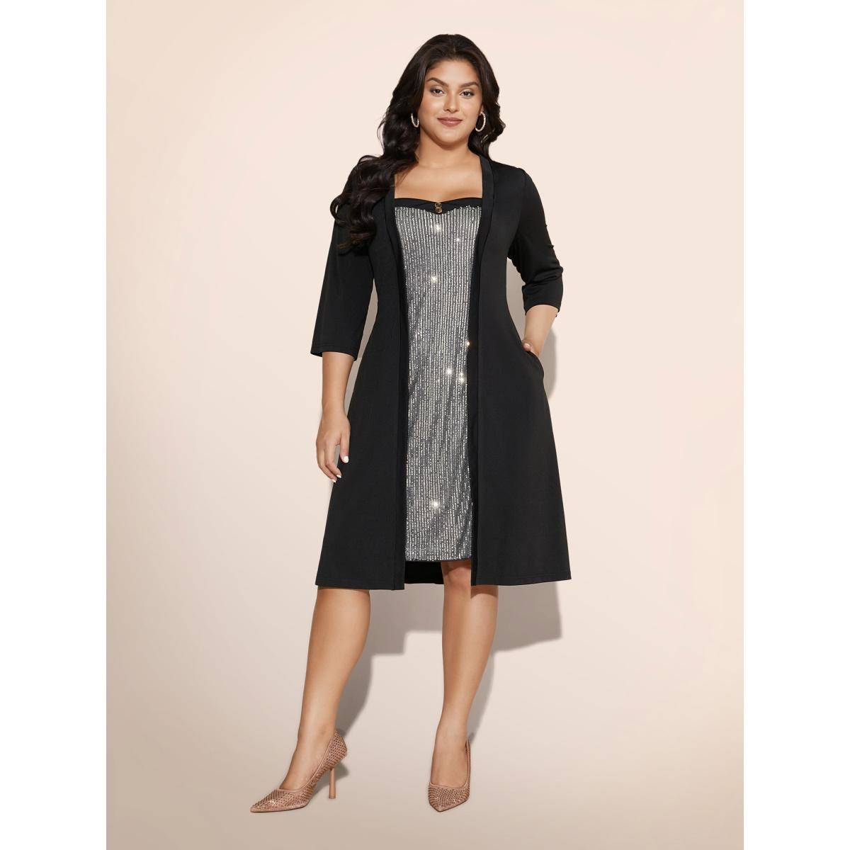 Plus Size Heart Neckline Patchwork Sequin Button Detail Dress Silver Women Party&Cocktail Texture Party Curvy Bloomchic 22-24/3X Product Image